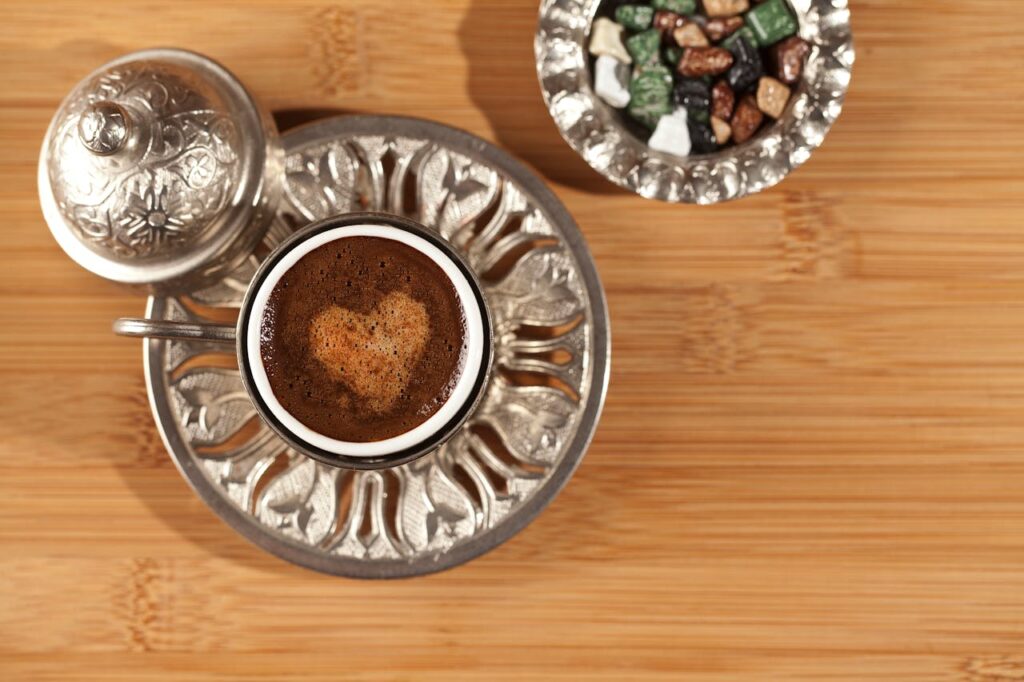A wonderfully ornate dining set with turksih coffee waiting to be enjoyed